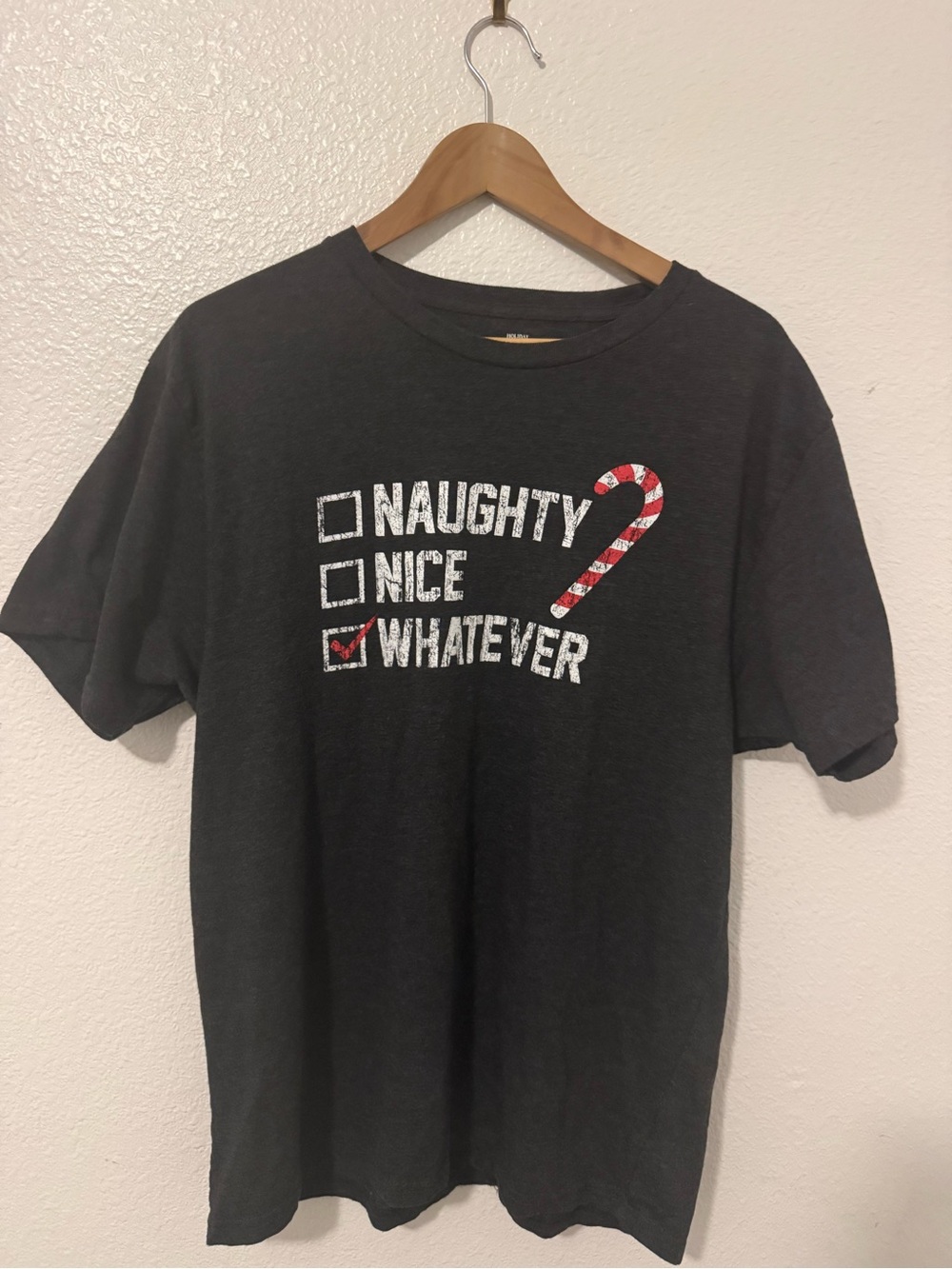 Holiday Time Charcoal Short Sleeve Tee with Red Candy Cane Accent